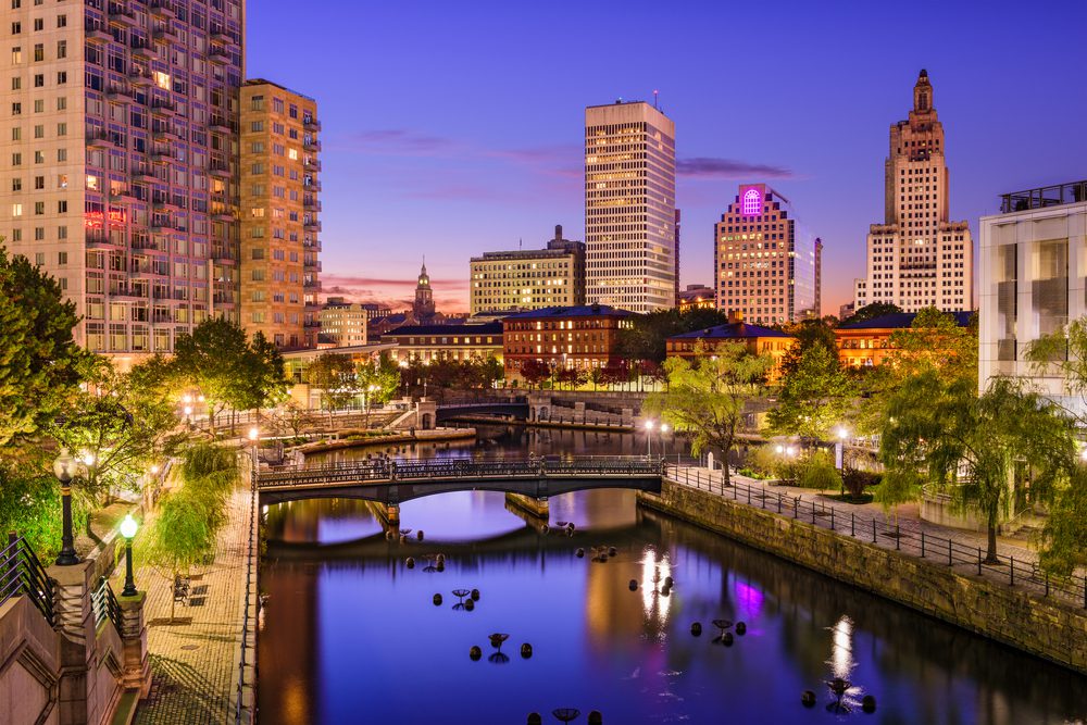 view of downtown providence at dusk