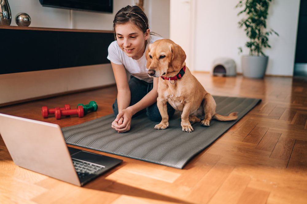 girl and dog watching something on laptop