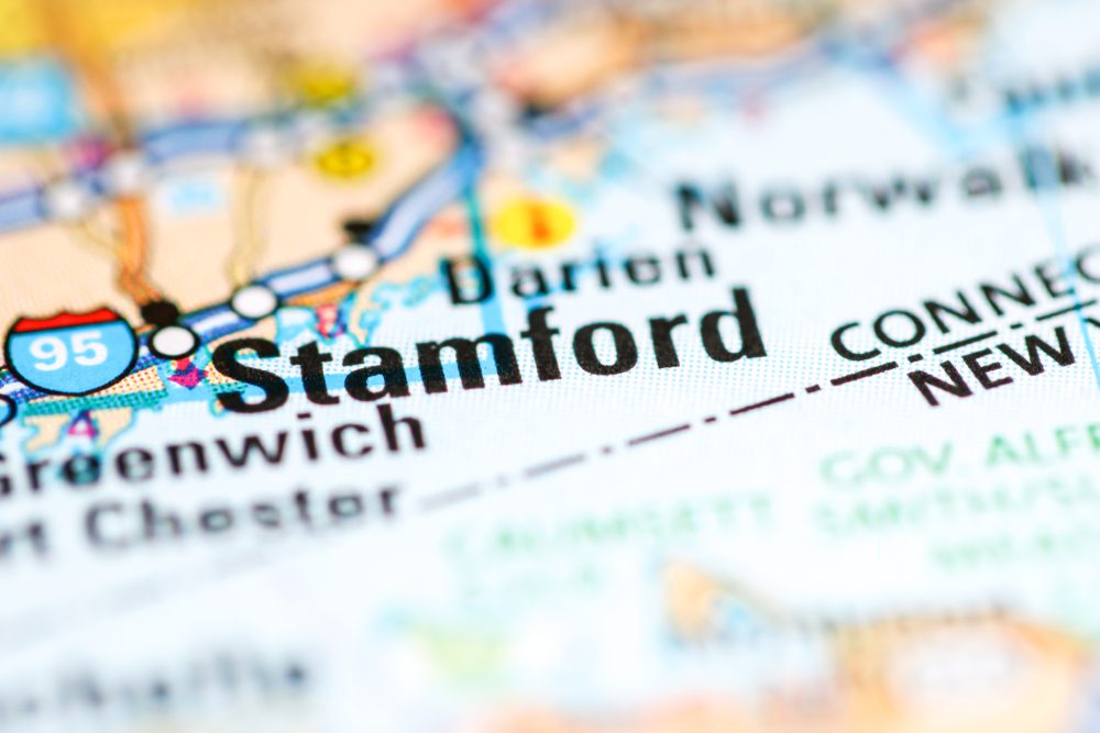 close up of stamford on map
