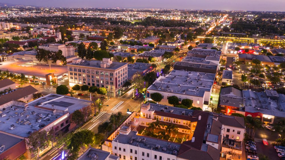 evening aerial view of downtown fullerton