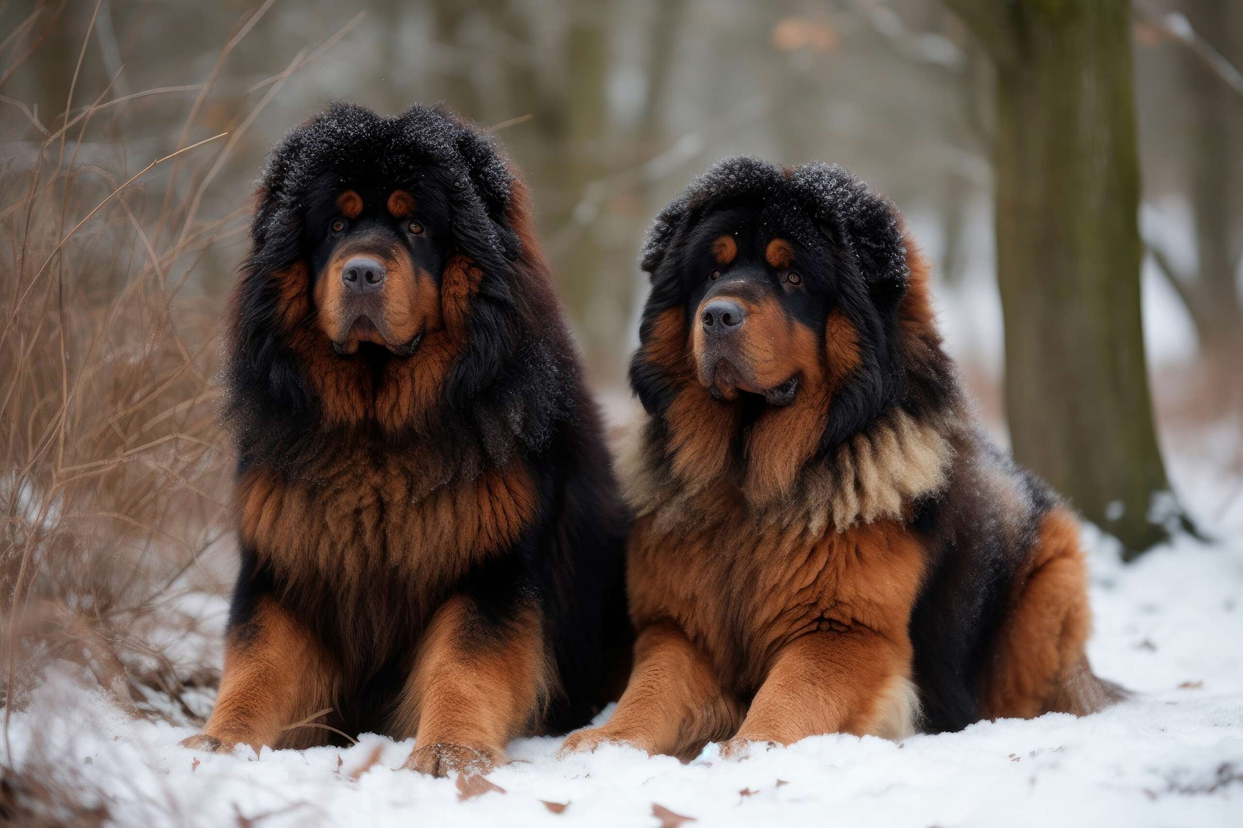 Two,Tibetan,Mastiff,In,The,Winter,Forest,,On,The,Background