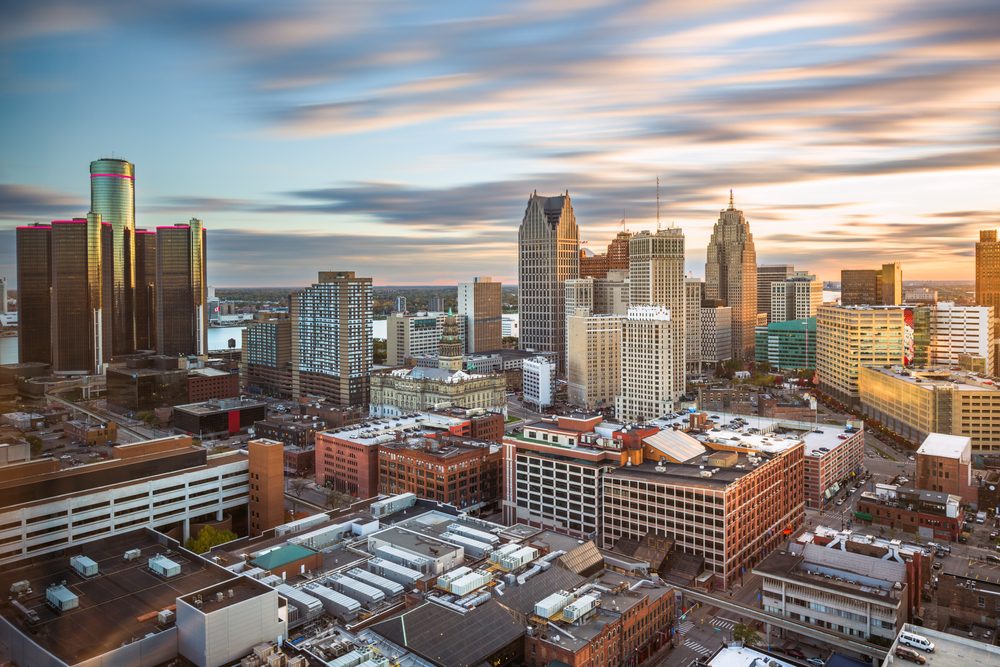 Detroit,,Michigan,,Usa,Downtown,Skyline,From,Above,At,Dawn.
