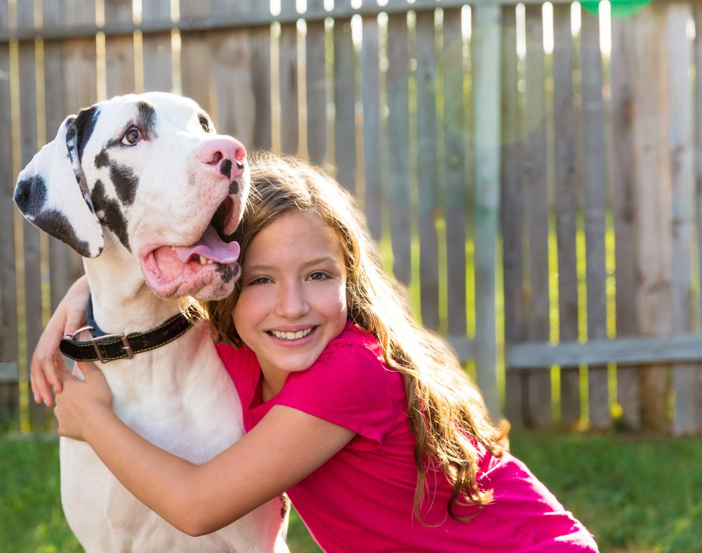 girl hugging great dane