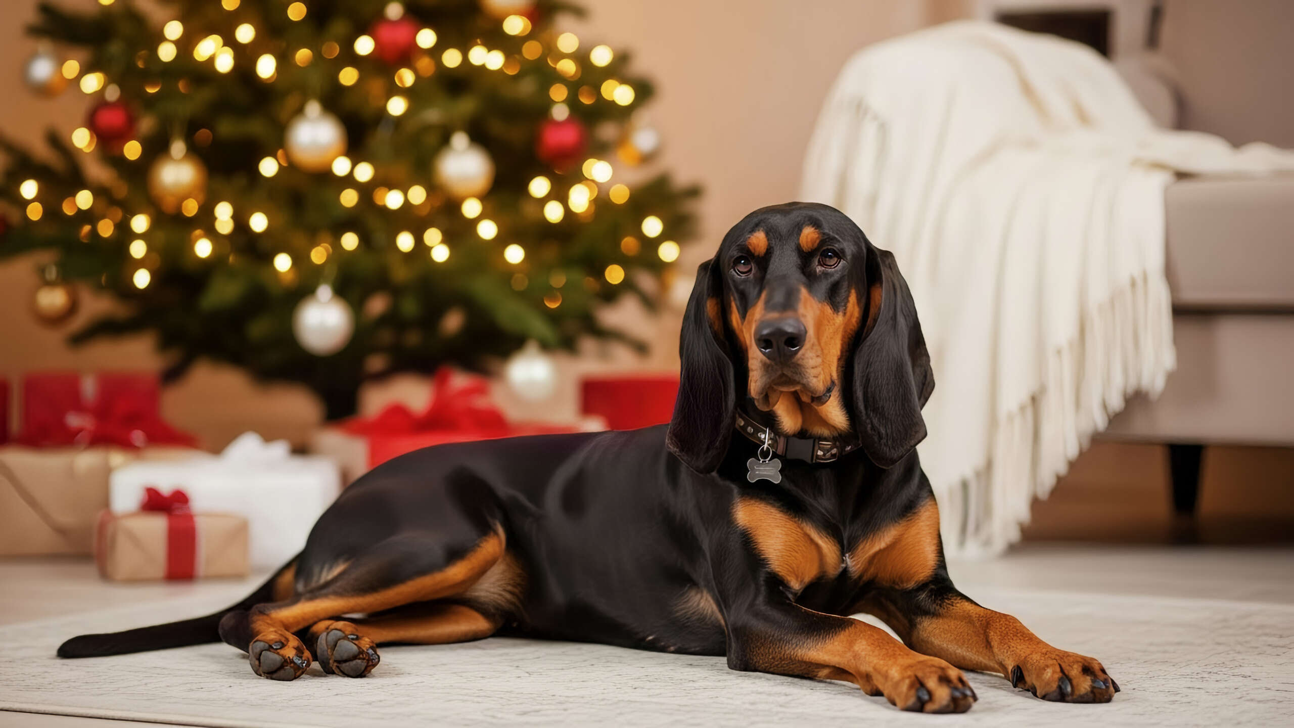 Black and Tan Hound Dog Relaxing by a Festive Christmas Tree wit