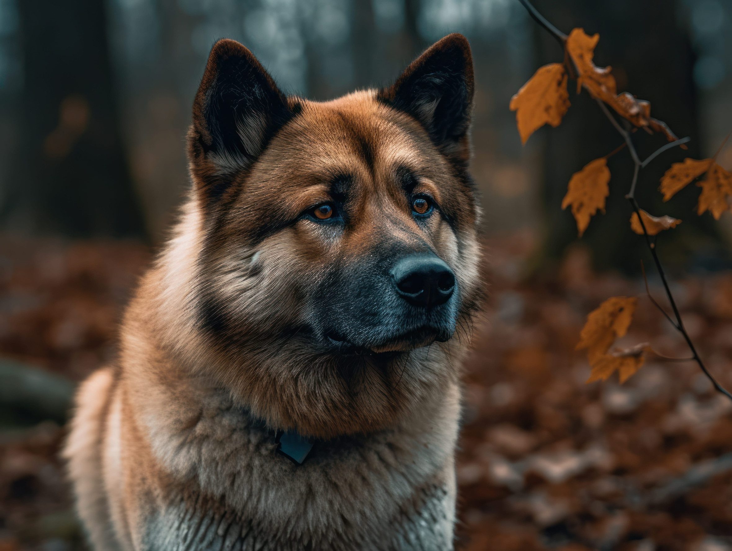 An American Akita dog in the forest in fall.