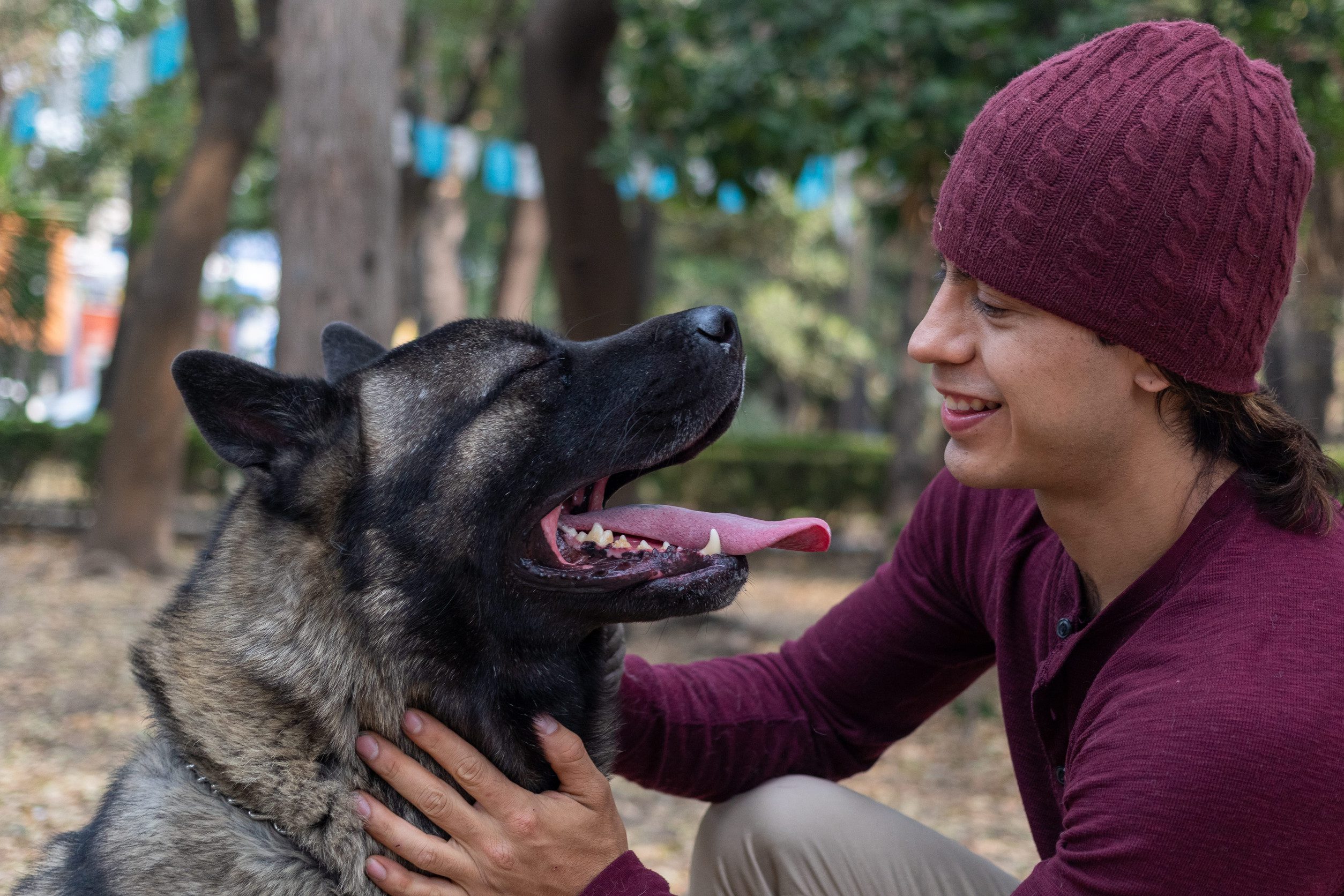 A man in red petting his fluffy elkhound.