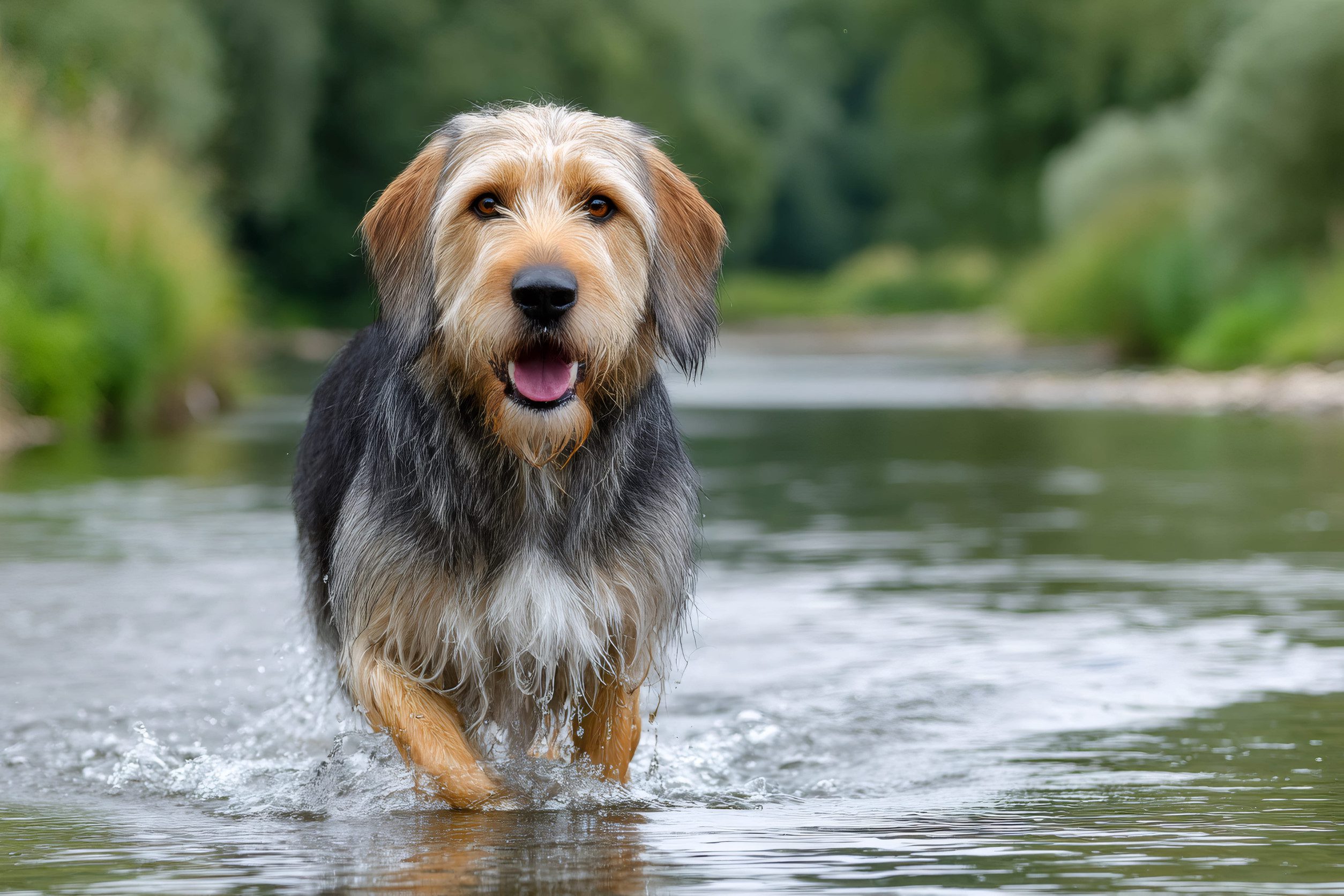 An otterhound happily treading through shallow water.