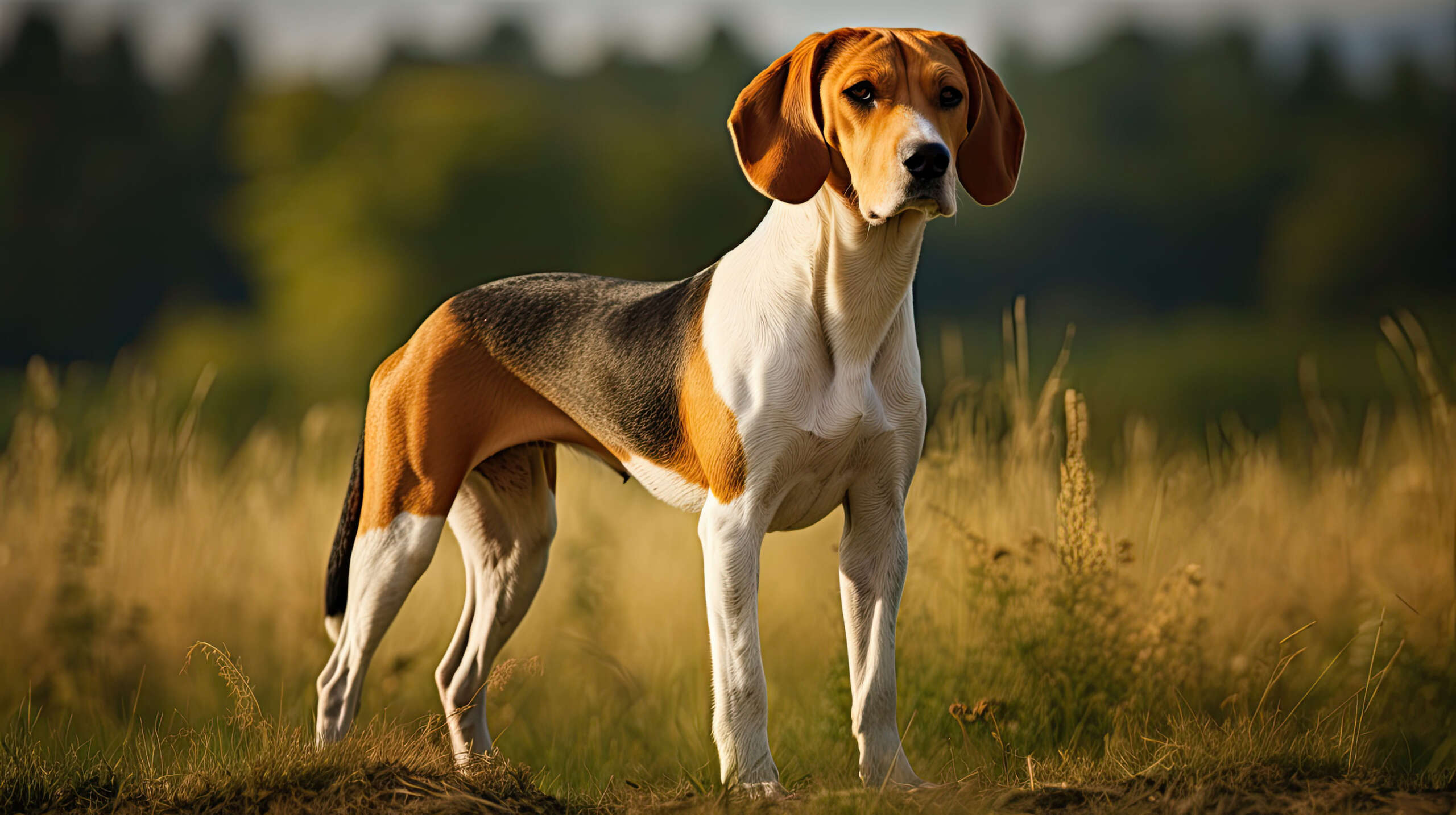 An English foxhound standing in a field, the sun illuminating their frame as they look ahead with an alert expression.