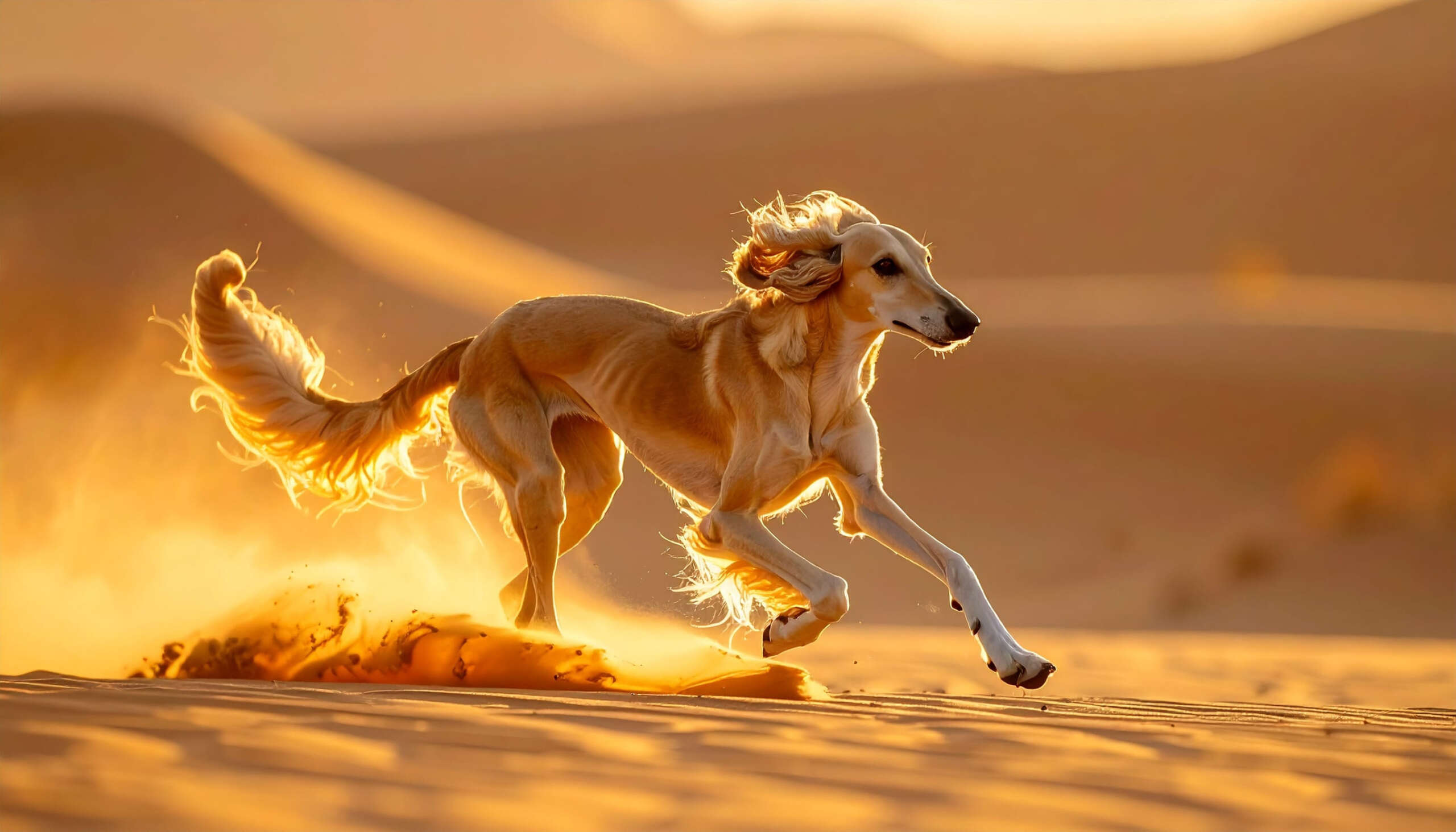 A gold saluki races across a grassy field.