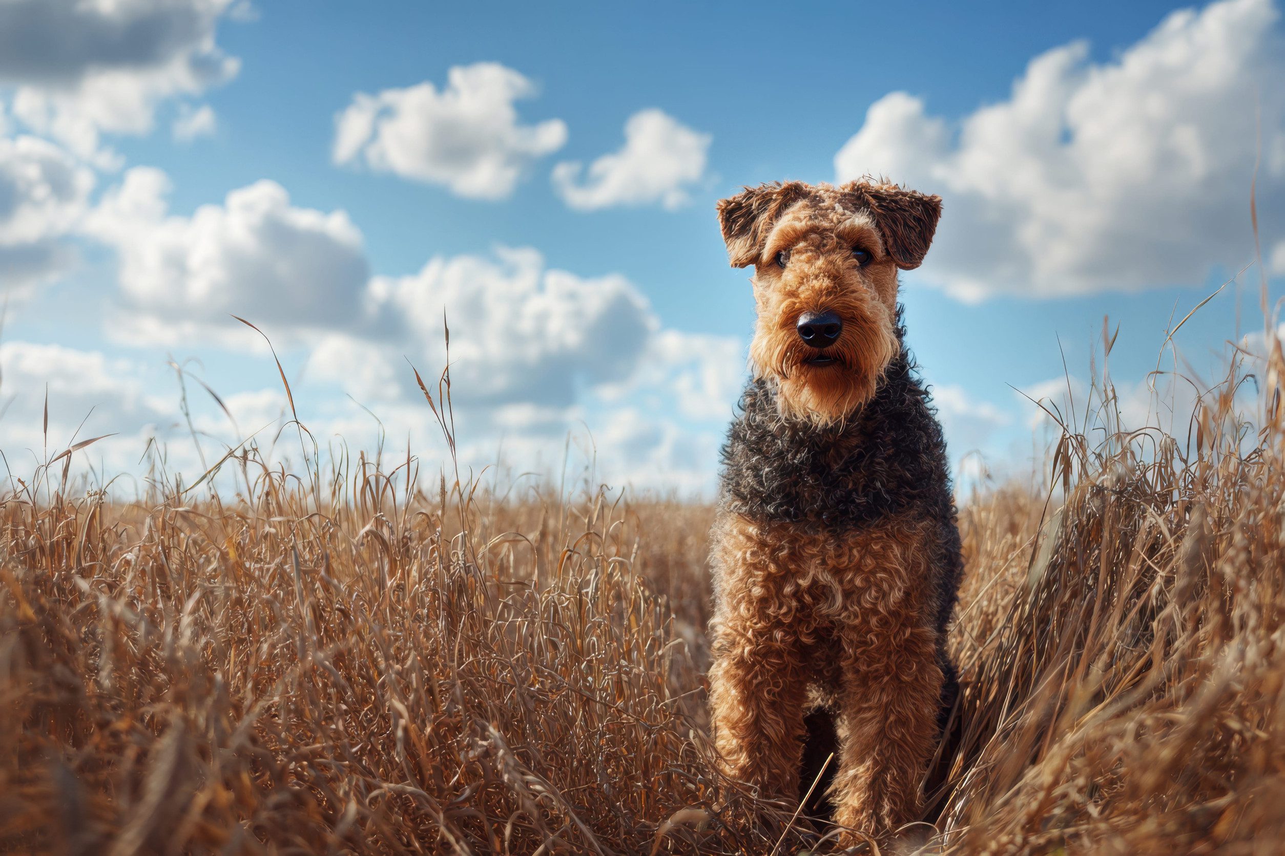 A Welsh terrier standing in a field of tall dry grass under a bright blue sky with scattered clouds.