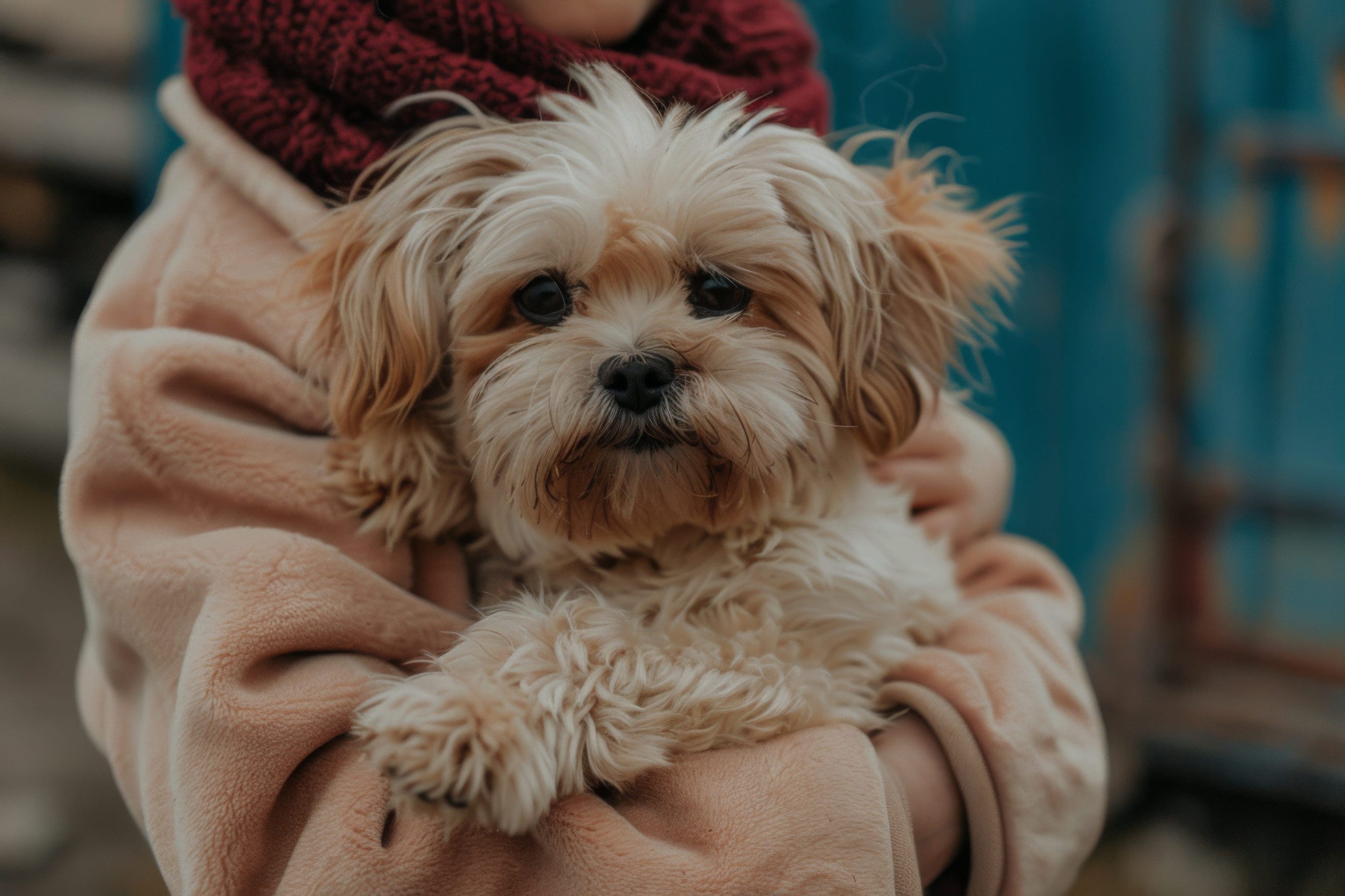 A woman lovingly holding an adorable Morkie dog in her arms.