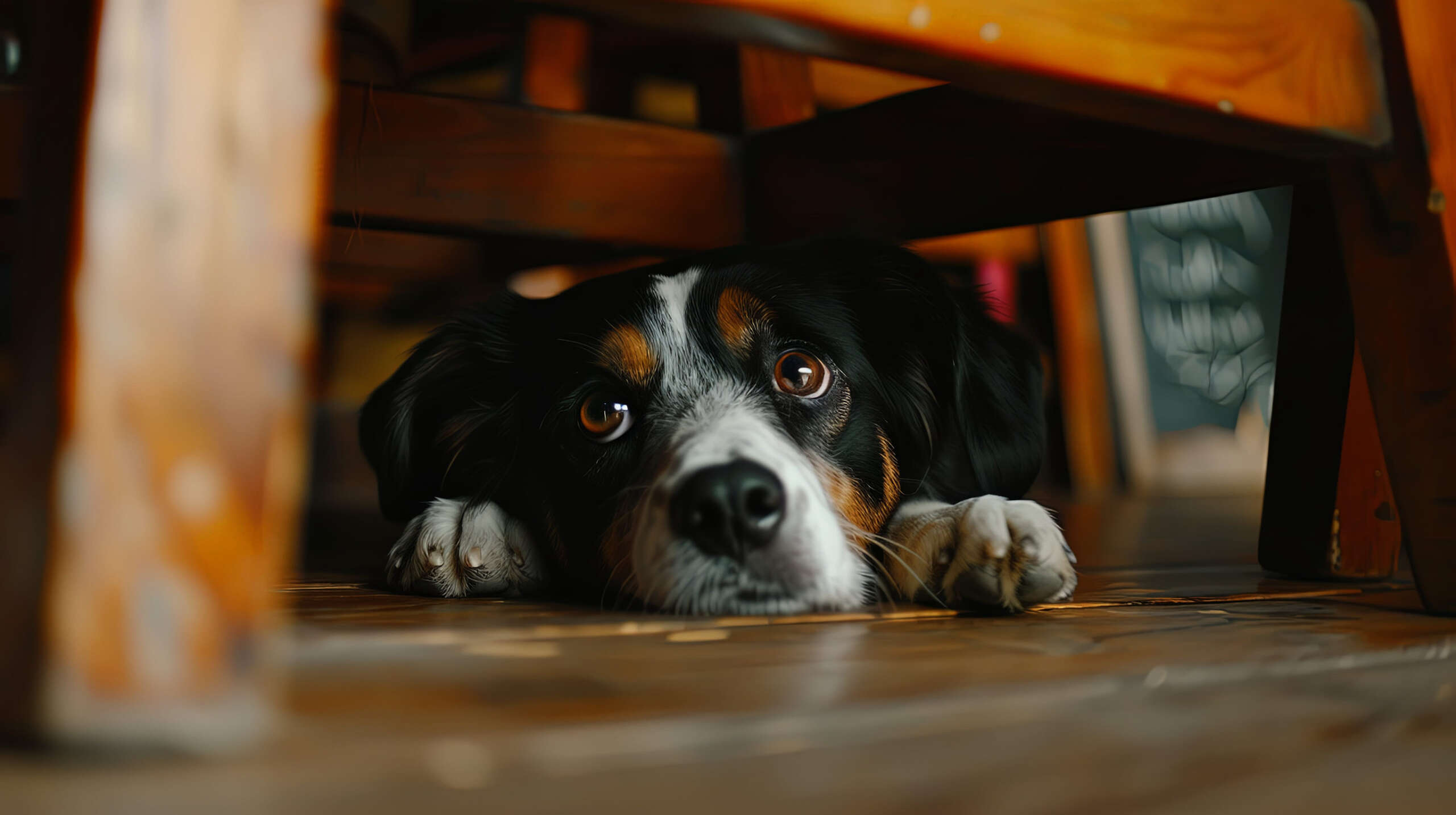 A greater Swiss mountain dog lying down under the chair.