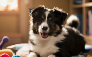 border collie puppy with toys inside