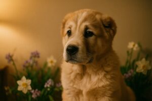 Alabai Dog puppy sitting among blooming flowers in spring.