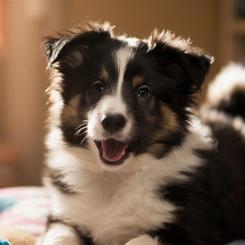 happy border collie sitting inside
